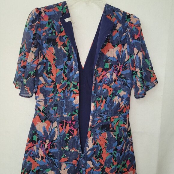 Harlyn Dress Womens M Blue Metallic Abstract Ruffled Lined V-Neck Flutter Sleeve - Picture 10 of 16